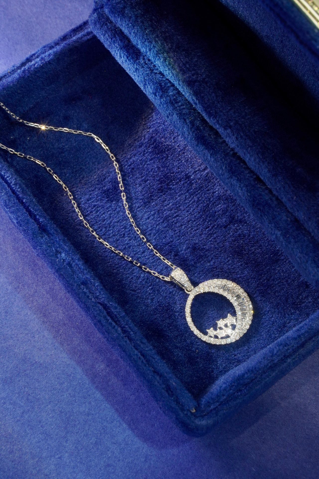 Vintage Moon Star Full Diamond Necklace,18K Solid Gold Full Diamond necklace