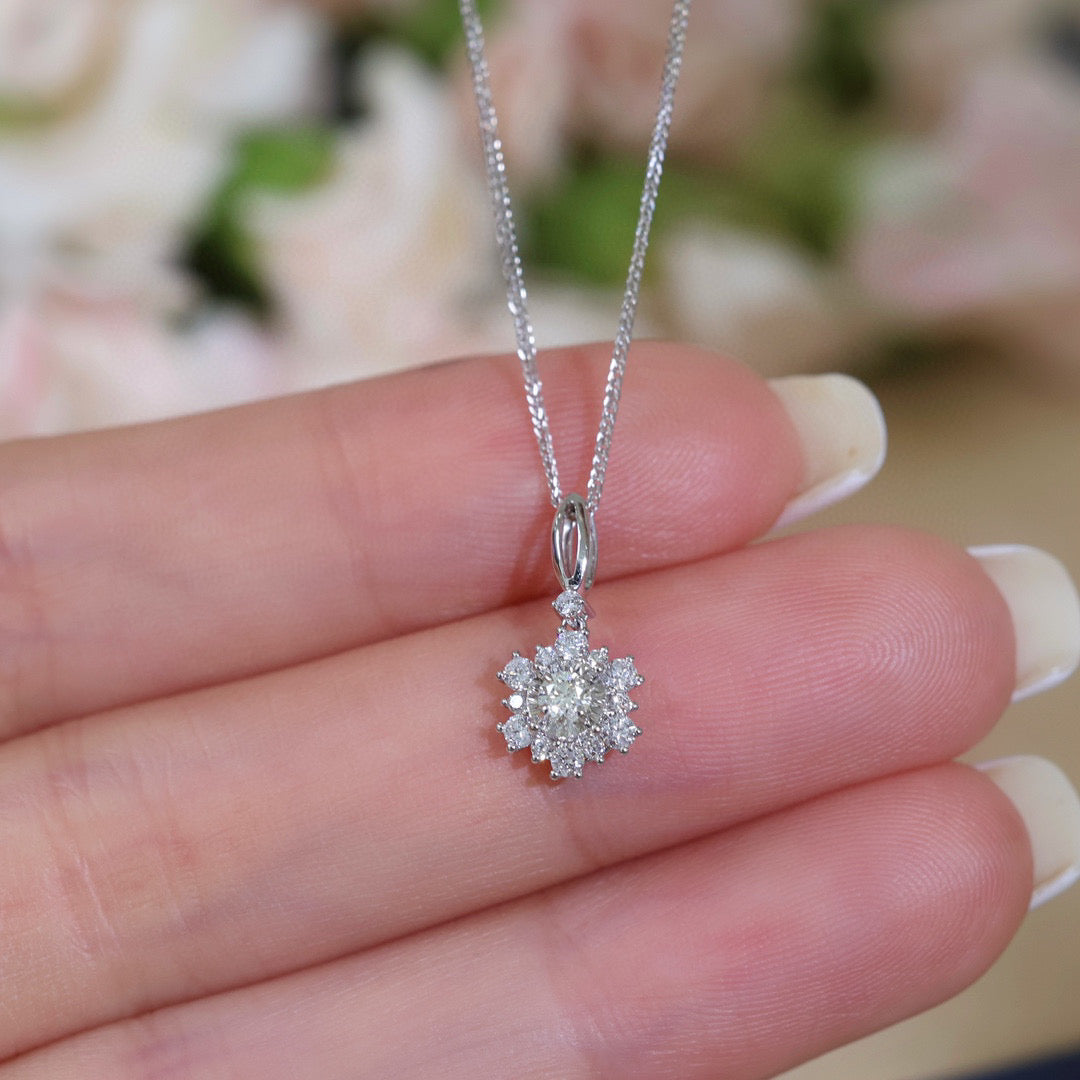 Dainty Flower Diamond Pendant Necklace, 18K Solid Gold Diamond Pendant Necklace