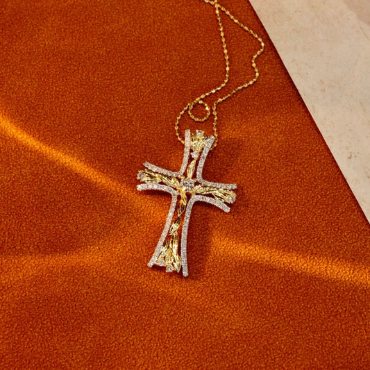 Vintage Gold Diamond Cross Pendant Necklace,18K Solid Gold Cross Diamond pendant