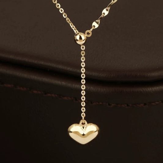 Dangle Heart Adjustable Necklace , 18K Solid Gold Dangle Heart two different Chain Necklace