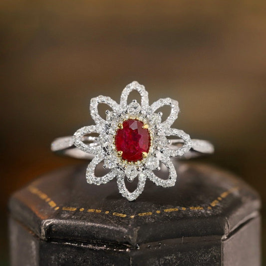 Fancy Ruby Diamond Flower Ring, 18K Solid Ruby Diamond Ring