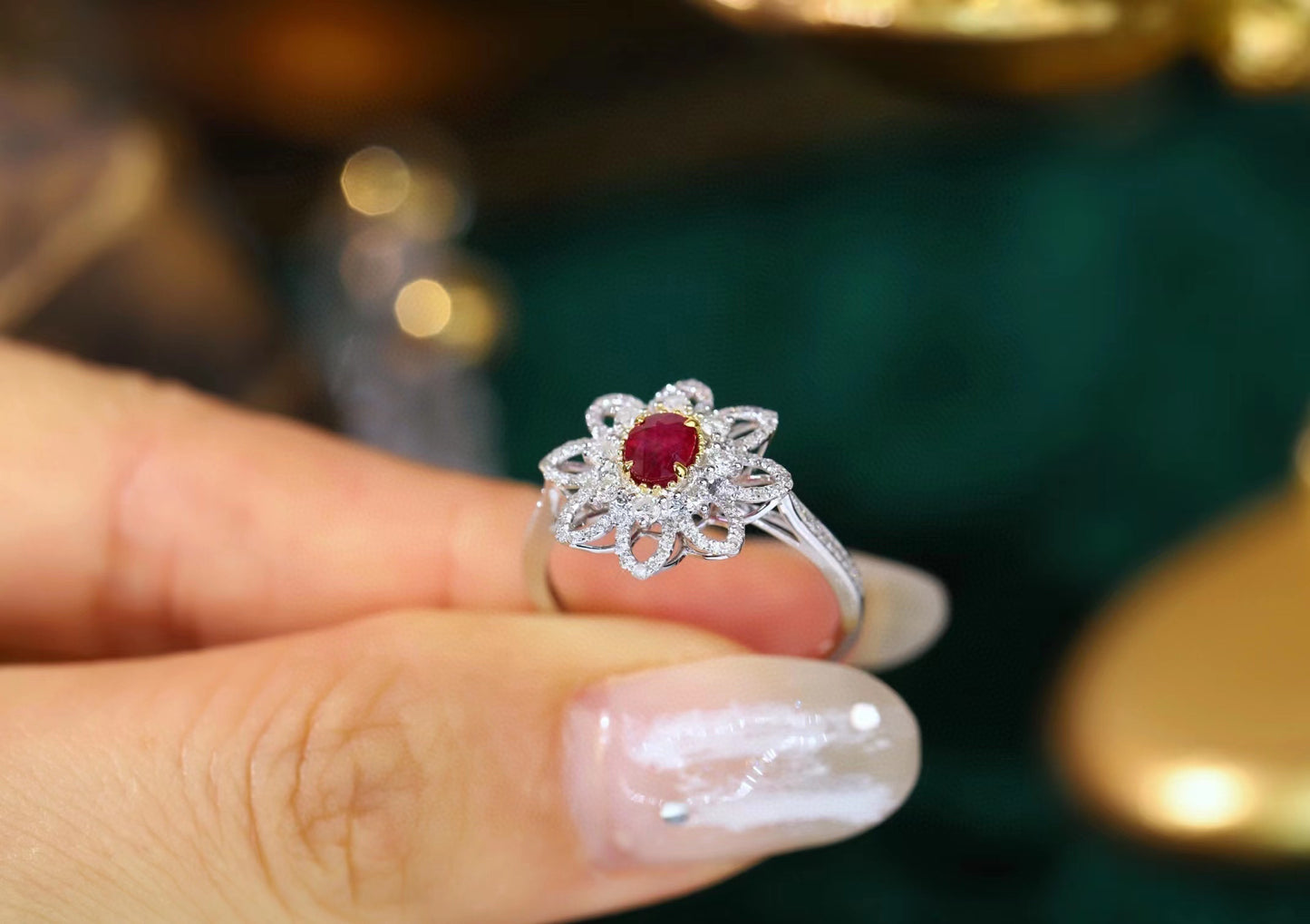 Fancy Ruby Diamond Flower Ring, 18K Solid Ruby Diamond Ring