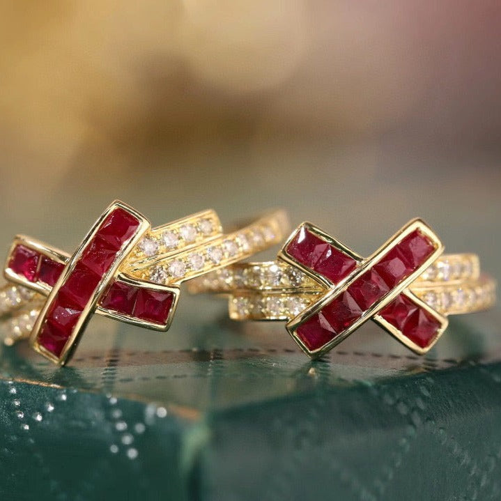 Vintage Ruby X Ring, 18K Solid Gold Ruby Diamond Band , gift for her