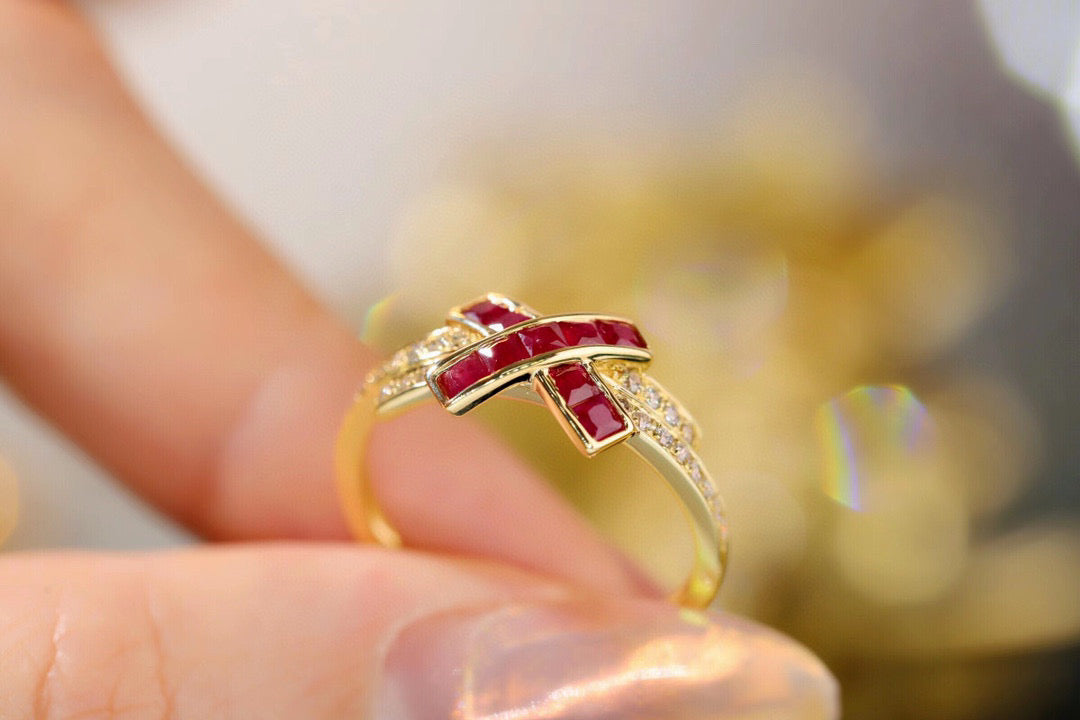 Vintage Ruby X Ring, 18K Solid Gold Ruby Diamond Band , gift for her