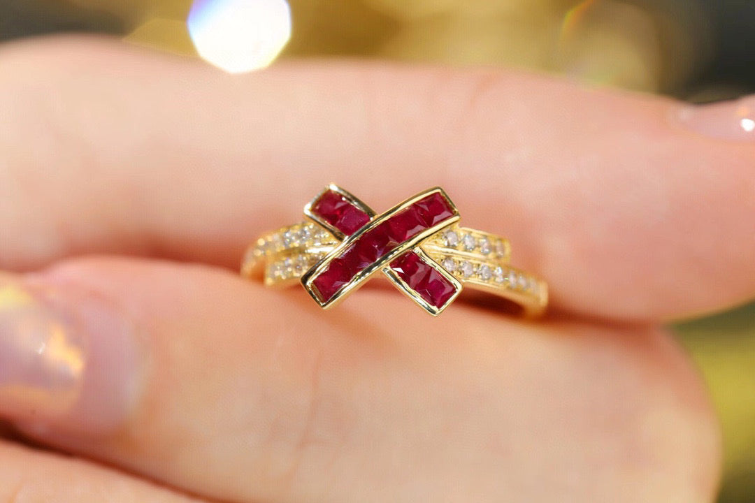 Vintage Ruby X Ring, 18K Solid Gold Ruby Diamond Band , gift for her