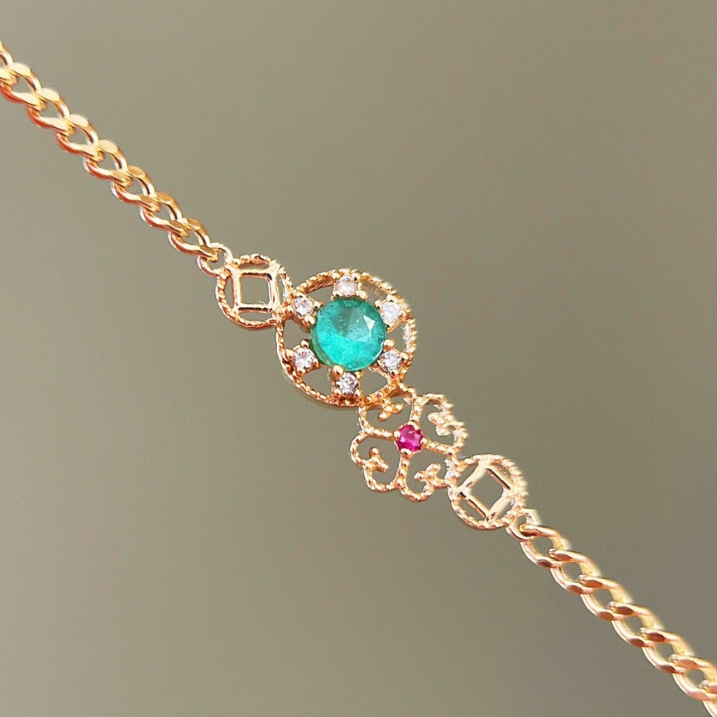 vArt Deco Gold Emerald Bracelet/Real Gold Emerald Ruby Bracelet