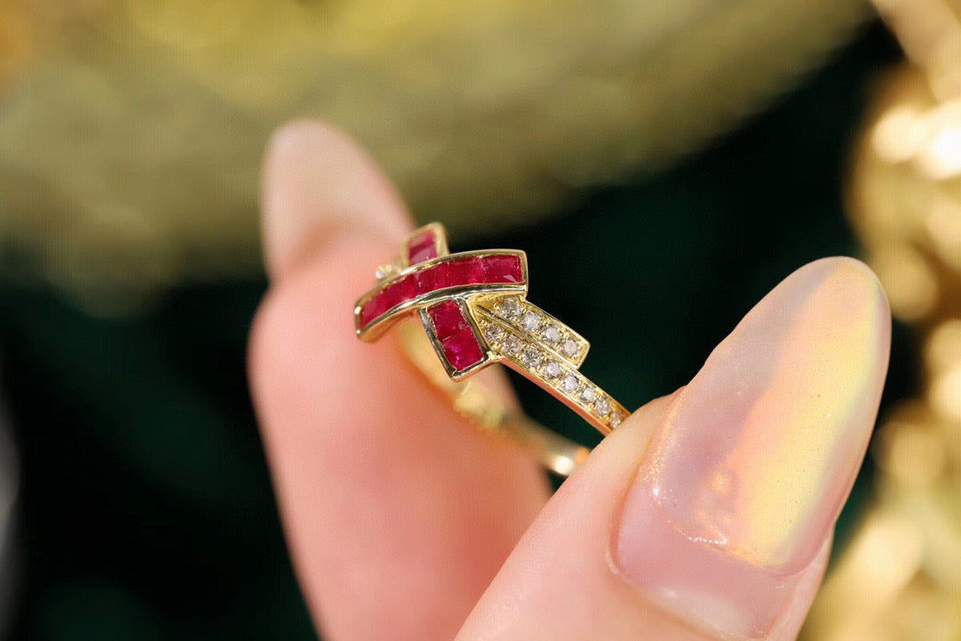 Vintage Ruby X Ring, 18K Solid Gold Ruby Diamond Band , gift for her