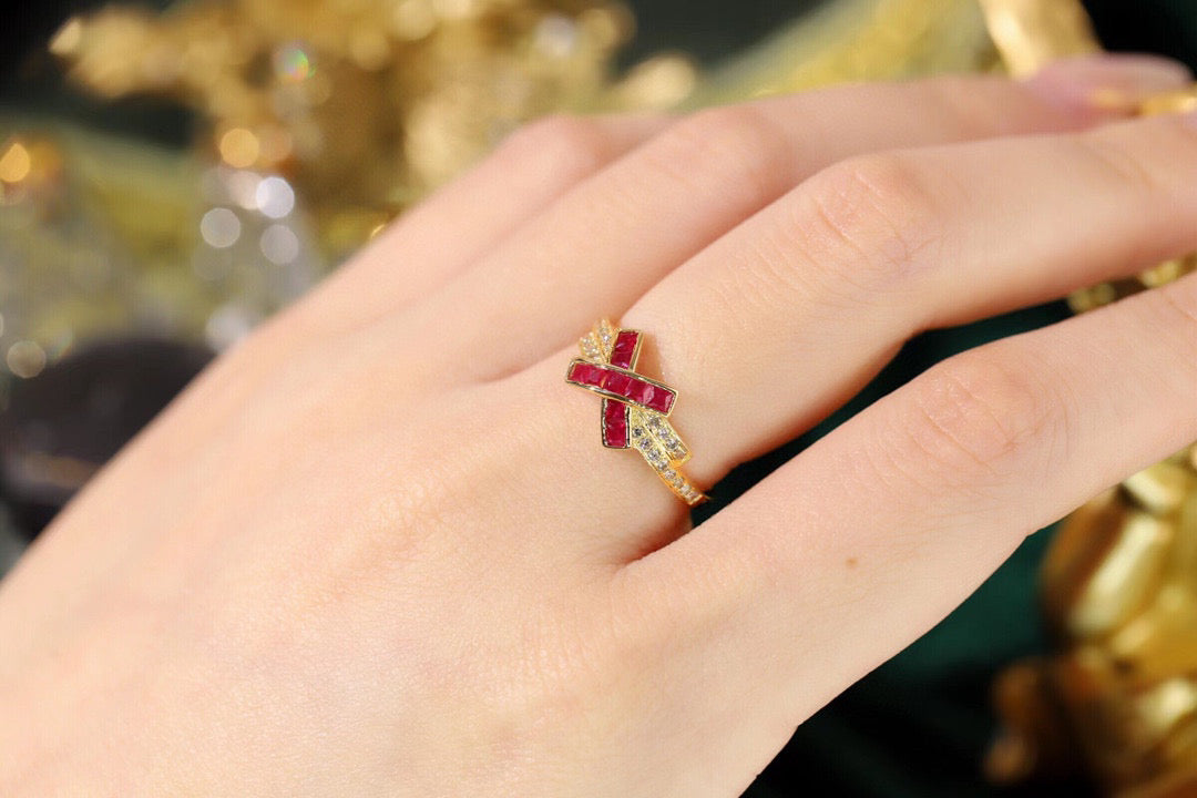 Vintage Ruby X Ring, 18K Solid Gold Ruby Diamond Band , gift for her