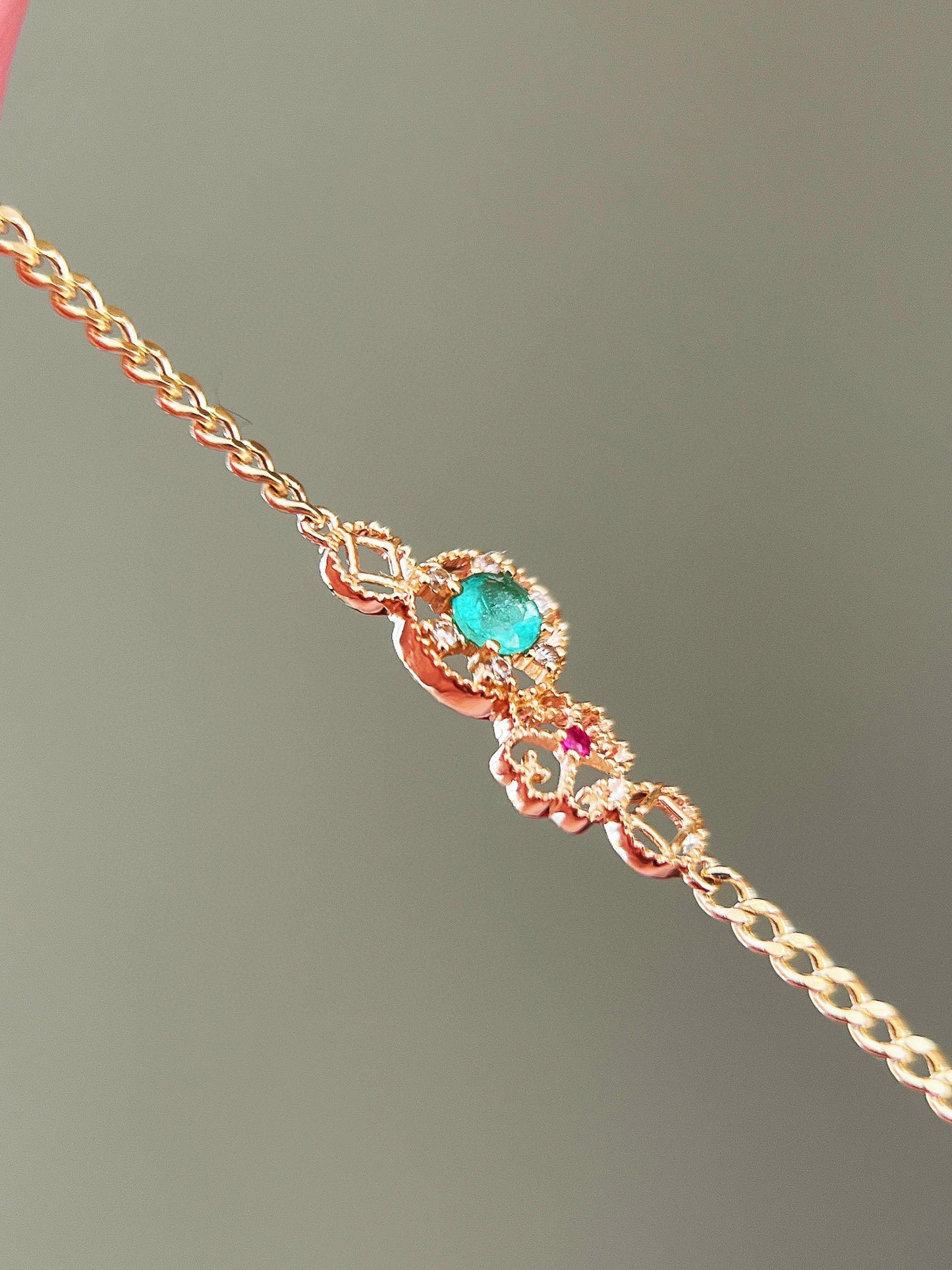 vArt Deco Gold Emerald Bracelet/Real Gold Emerald Ruby Bracelet