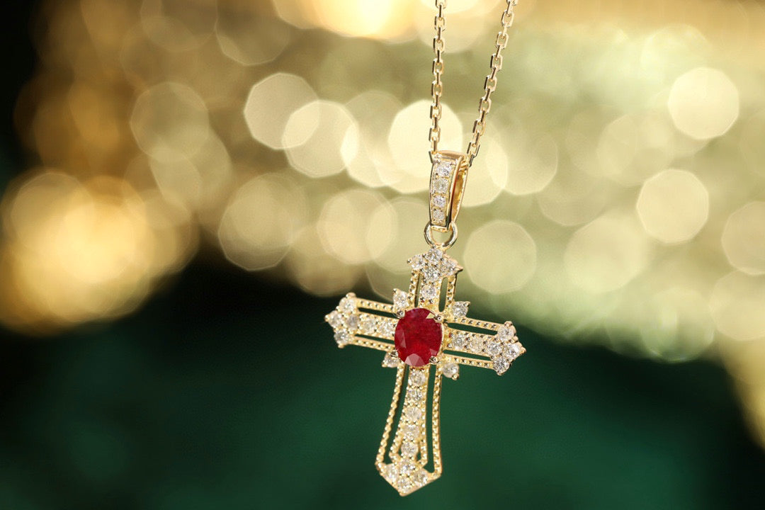 Art Deco Ruby Cross Pendant Necklace, 18K Solid Gold Ruby Diamond Cross necklace