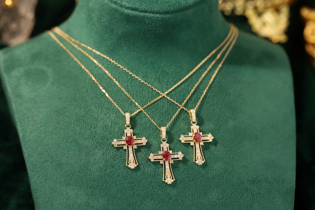 Art Deco Ruby Cross Pendant Necklace, 18K Solid Gold Ruby Diamond Cross necklace