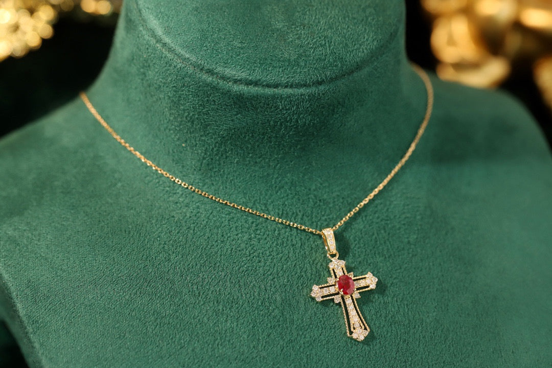 Art Deco Ruby Cross Pendant Necklace, 18K Solid Gold Ruby Diamond Cross necklace