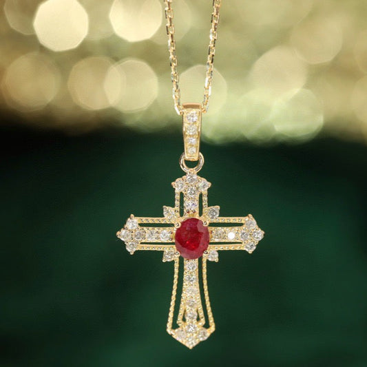 Art Deco Ruby Cross Pendant Necklace, 18K Solid Gold Ruby Diamond Cross necklace