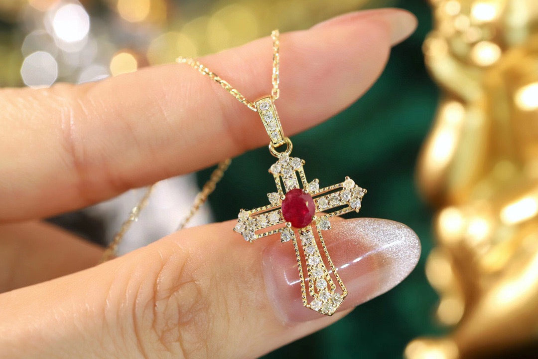 Art Deco Ruby Cross Pendant Necklace, 18K Solid Gold Ruby Diamond Cross necklace