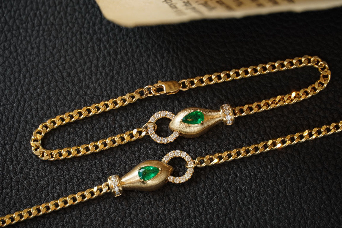 Vintage Snake Emerald Bracelet, 18K Solid Gold Emerald Diamond Bracelet