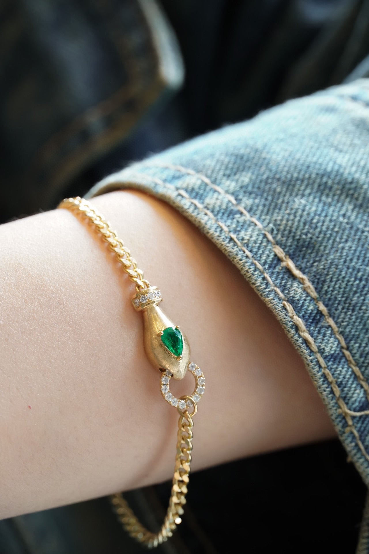 Vintage Snake Emerald Bracelet, 18K Solid Gold Emerald Diamond Bracelet