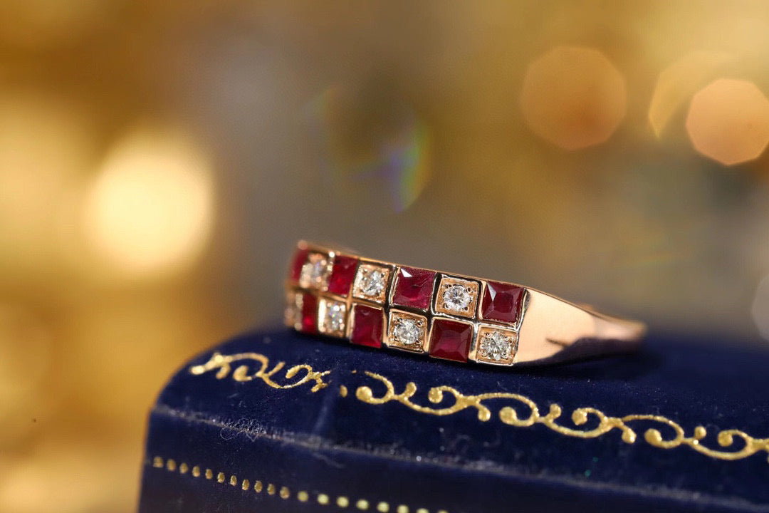 Vintage Ruby Diamond Checker Ring, 18K Solid Gold Ruby and Diamond Band, gift for her