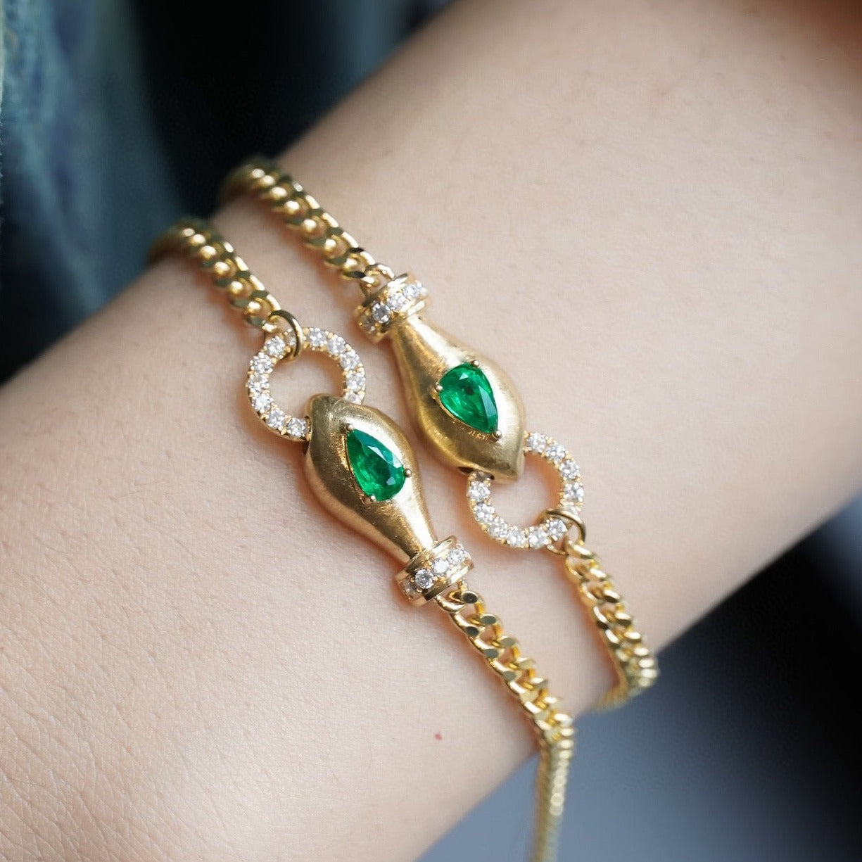 Vintage Snake Emerald Bracelet, 18K Solid Gold Emerald Diamond Bracelet