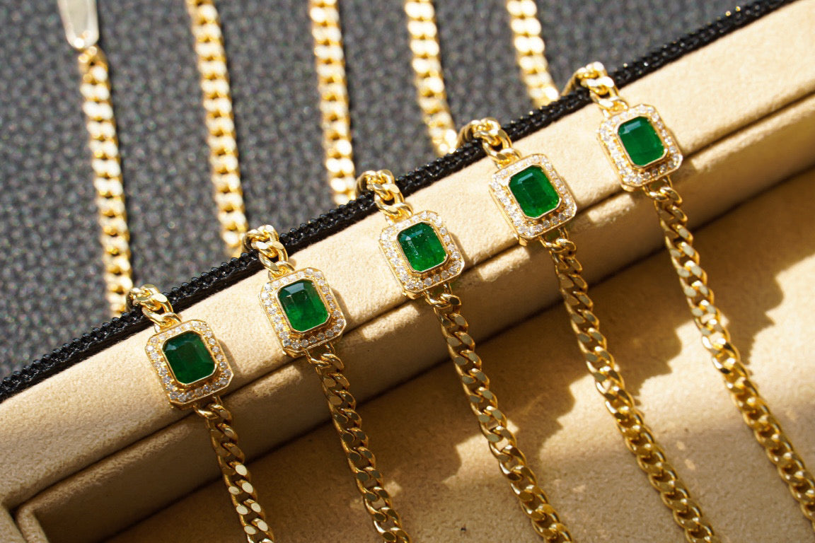 Vintage Emerald Diamond Bracelet, 18K Solid Gold Emerald Diamond Bracelet