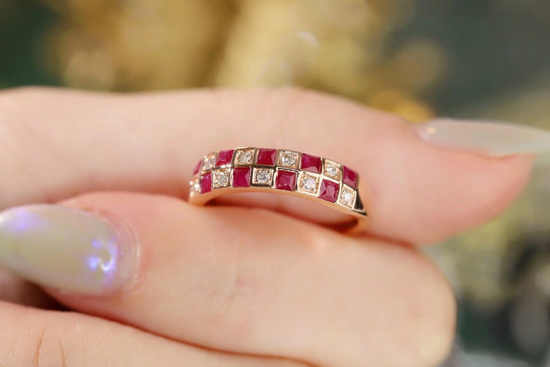 Vintage Ruby Diamond Checker Ring, 18K Solid Gold Ruby and Diamond Band, gift for her