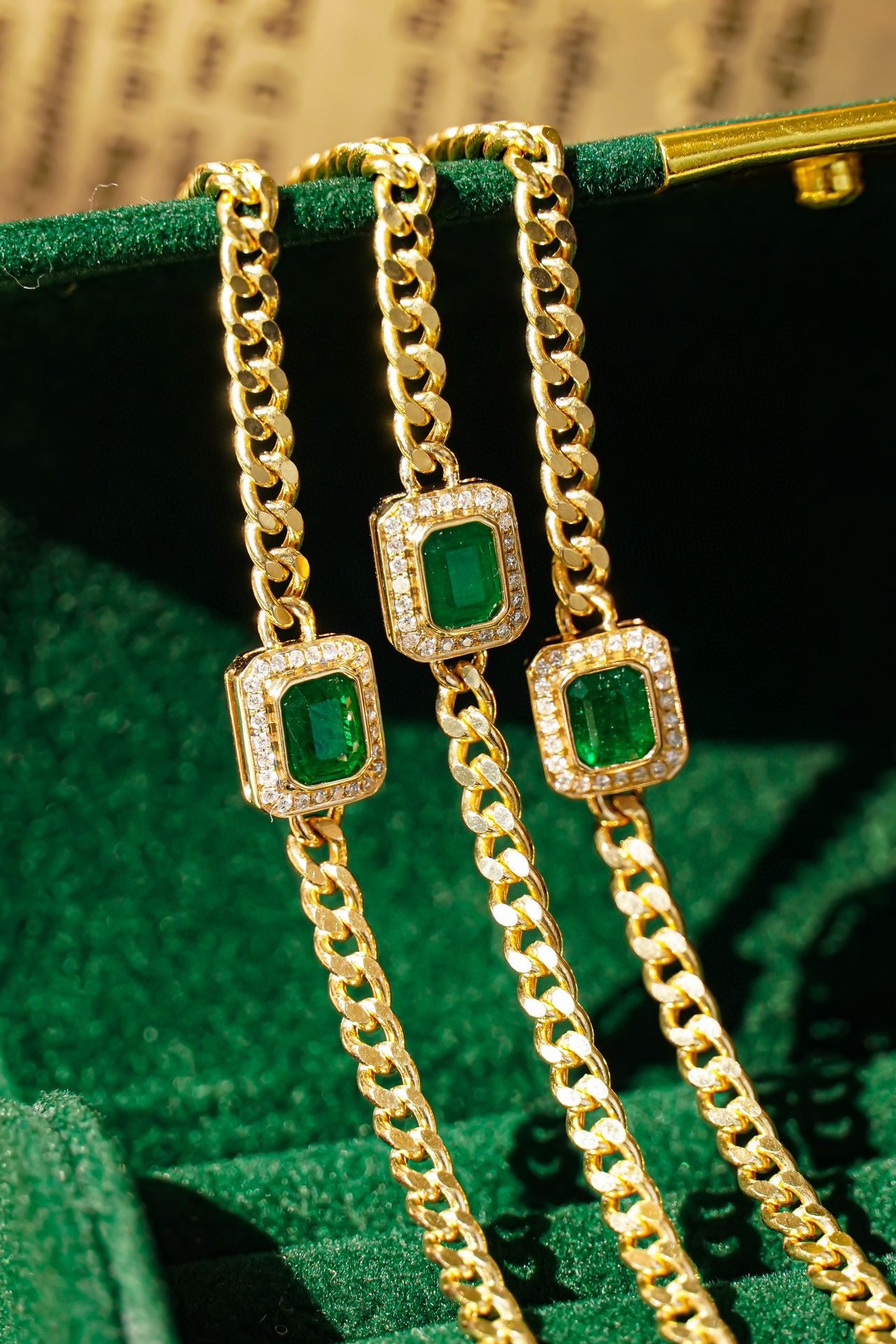 Vintage Emerald Diamond Bracelet, 18K Solid Gold Emerald Diamond Bracelet