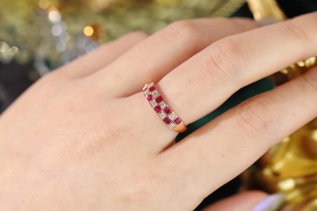 Vintage Ruby Diamond Checker Ring, 18K Solid Gold Ruby and Diamond Band, gift for her