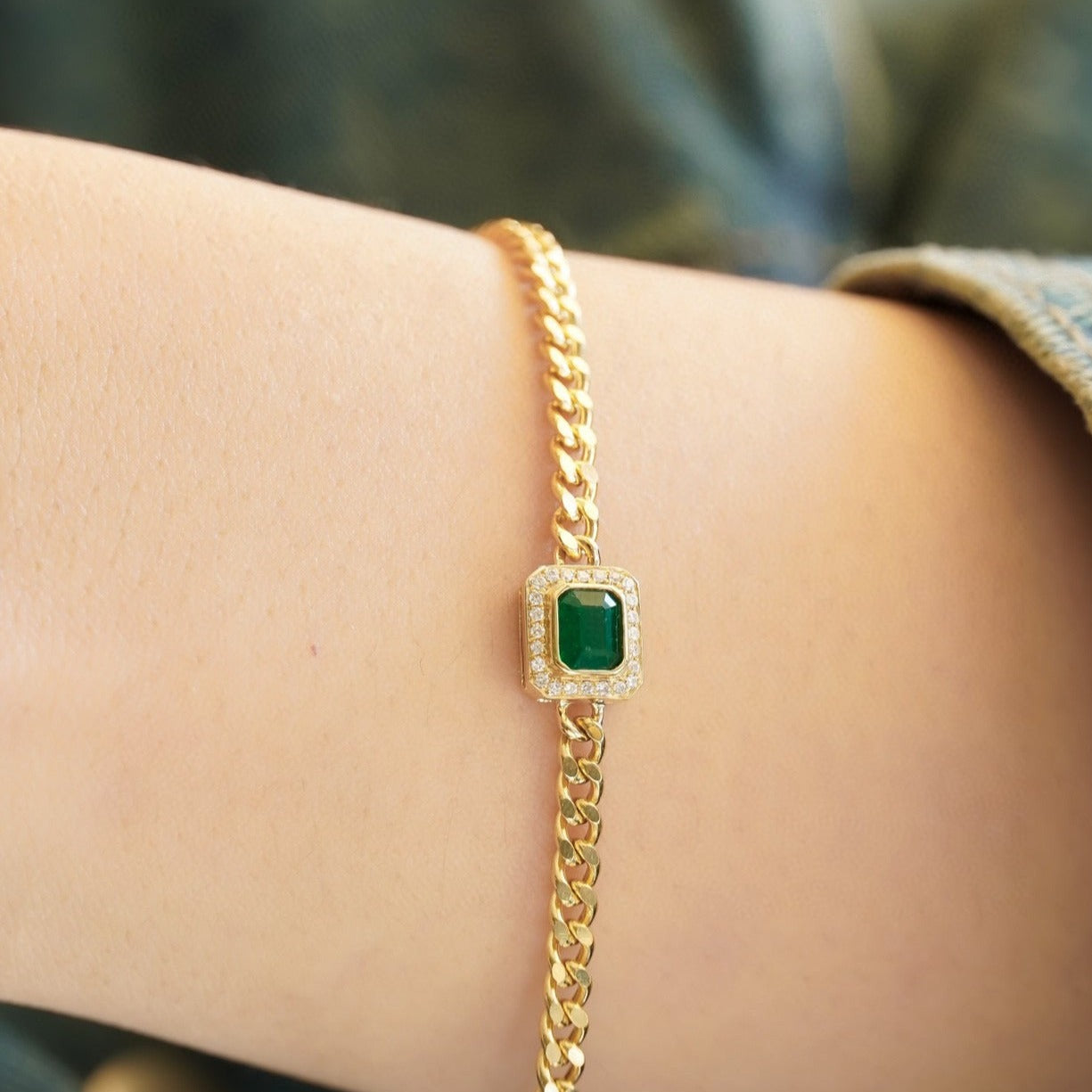 Vintage Emerald Diamond Bracelet, 18K Solid Gold Emerald Diamond Bracelet