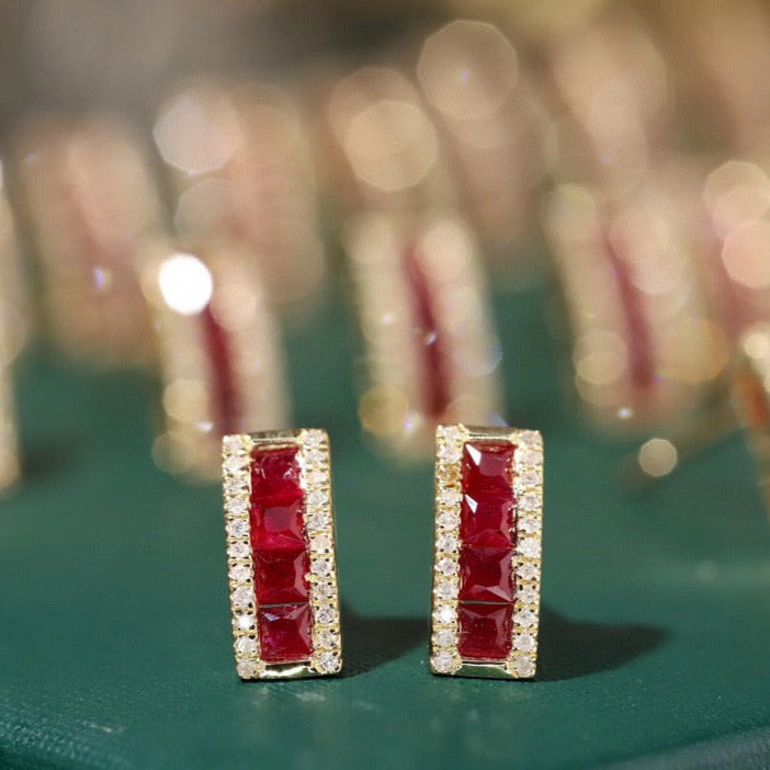 Dainty Mini Ruby Diamond Earrings ,18K Solid Gold Ruby Diamond Stud Earrings