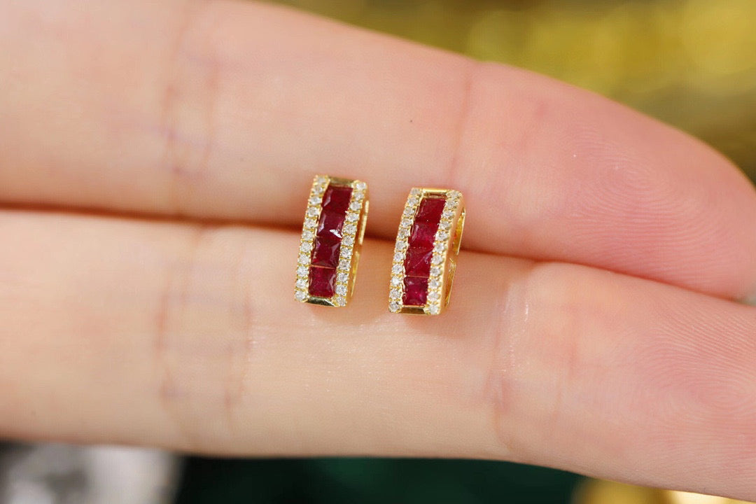 Dainty Mini Ruby Diamond Earrings ,18K Solid Gold Ruby Diamond Stud Earrings