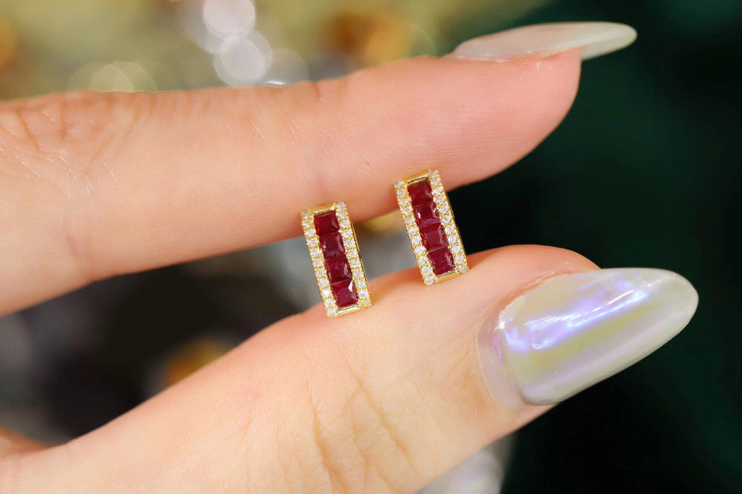 Dainty Mini Ruby Diamond Earrings ,18K Solid Gold Ruby Diamond Stud Earrings