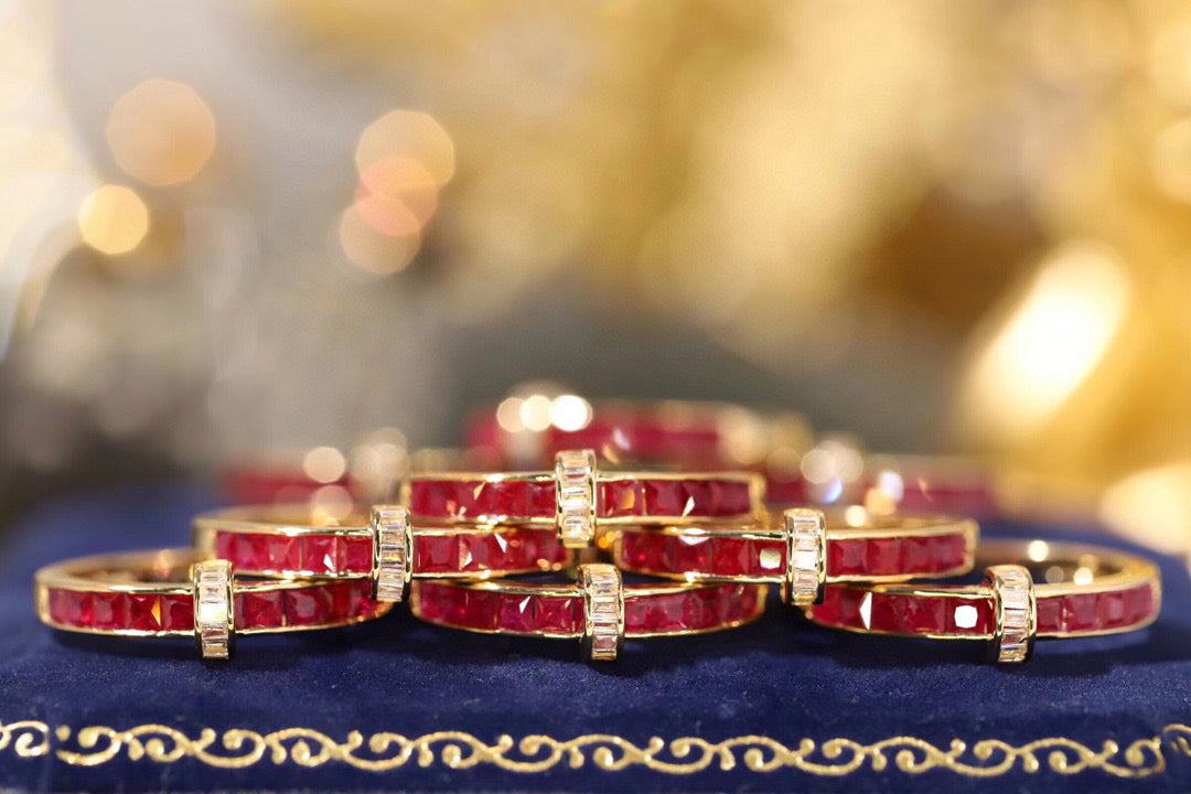 Vintage Ruby T Band, 18K Solid Gold Ruby and Diamond Band