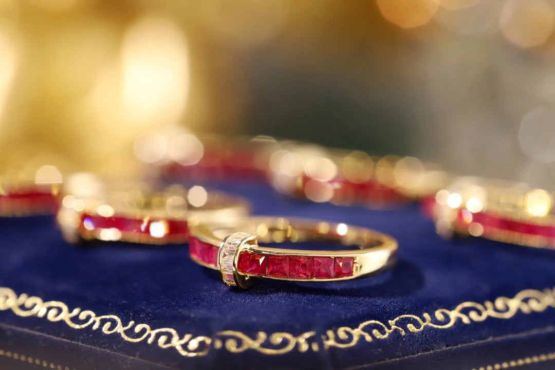 Vintage Ruby T Band, 18K Solid Gold Ruby and Diamond Band