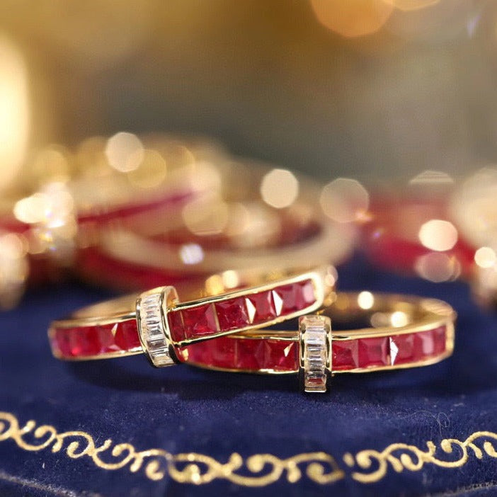 Vintage Ruby T Band, 18K Solid Gold Ruby and Diamond Band