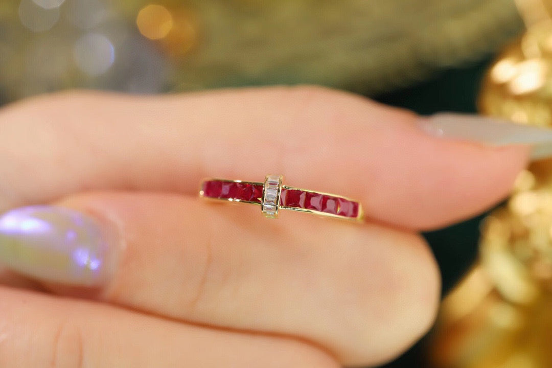 Vintage Ruby T Band, 18K Solid Gold Ruby and Diamond Band