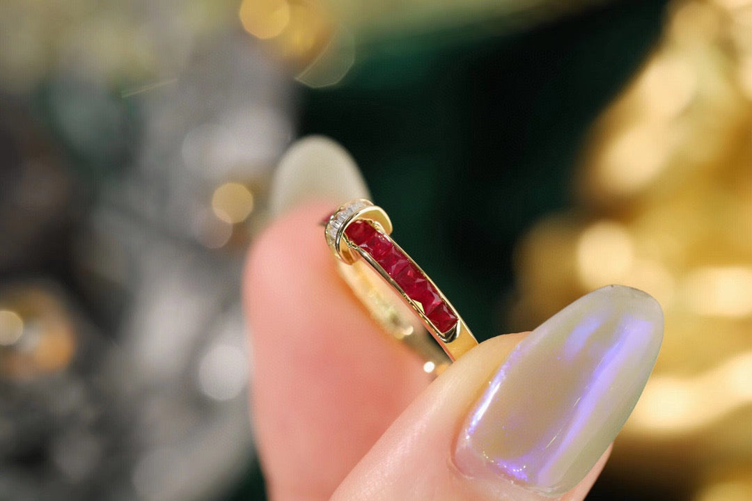 Vintage Ruby T Band, 18K Solid Gold Ruby and Diamond Band