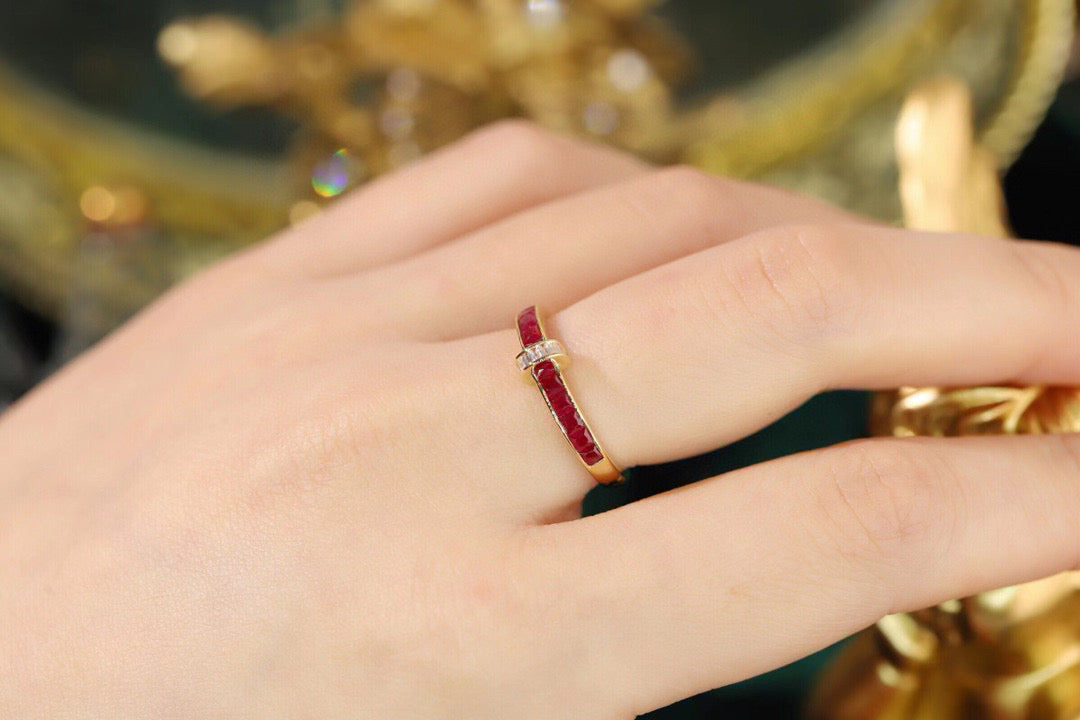 Vintage Ruby T Band, 18K Solid Gold Ruby and Diamond Band