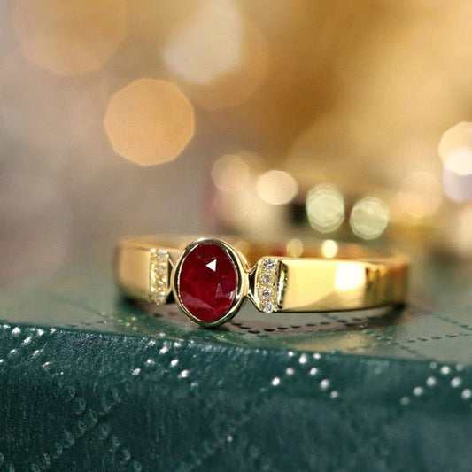 Vintage Ruby Diamond Band,18K Solid Gold Ruby and Diamond Ring