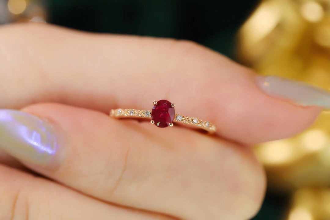 18K Solid Gold Ruby Diamond Ring