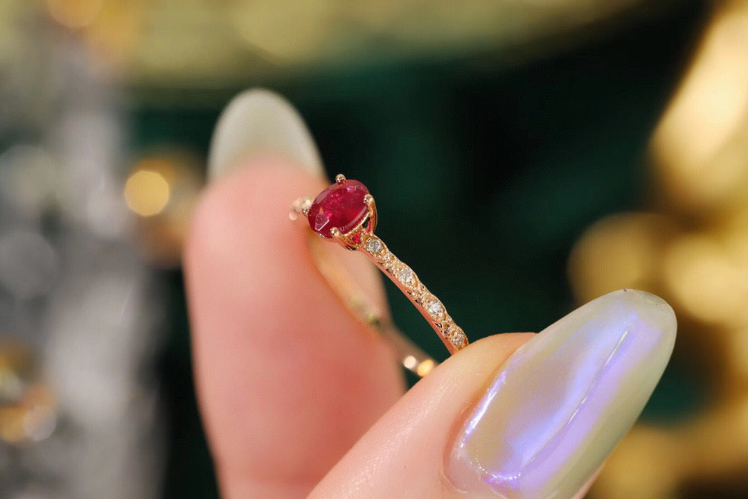 18K Solid Gold Ruby Diamond Ring