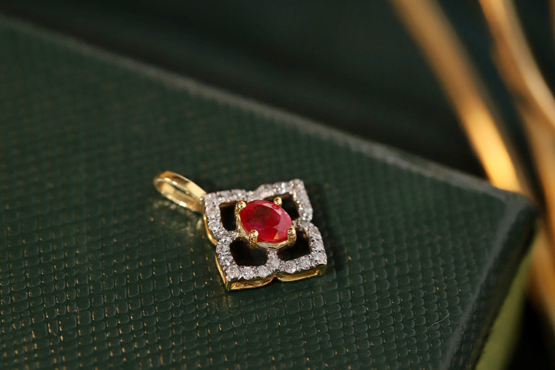 Dainty Ruby Diamond Clover Pendant,18K Solid Gold Ruby Diamond Pendant