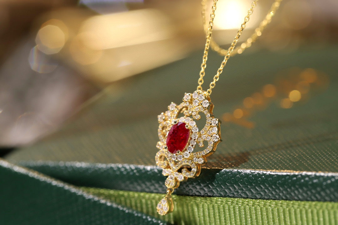 Art Deco Ruby Diamond Necklace, 18K Solid Gold Ruby Diamond Pendant Necklace