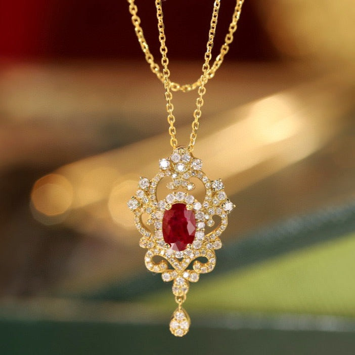 Art Deco Ruby Diamond Necklace, 18K Solid Gold Ruby Diamond Pendant Necklace