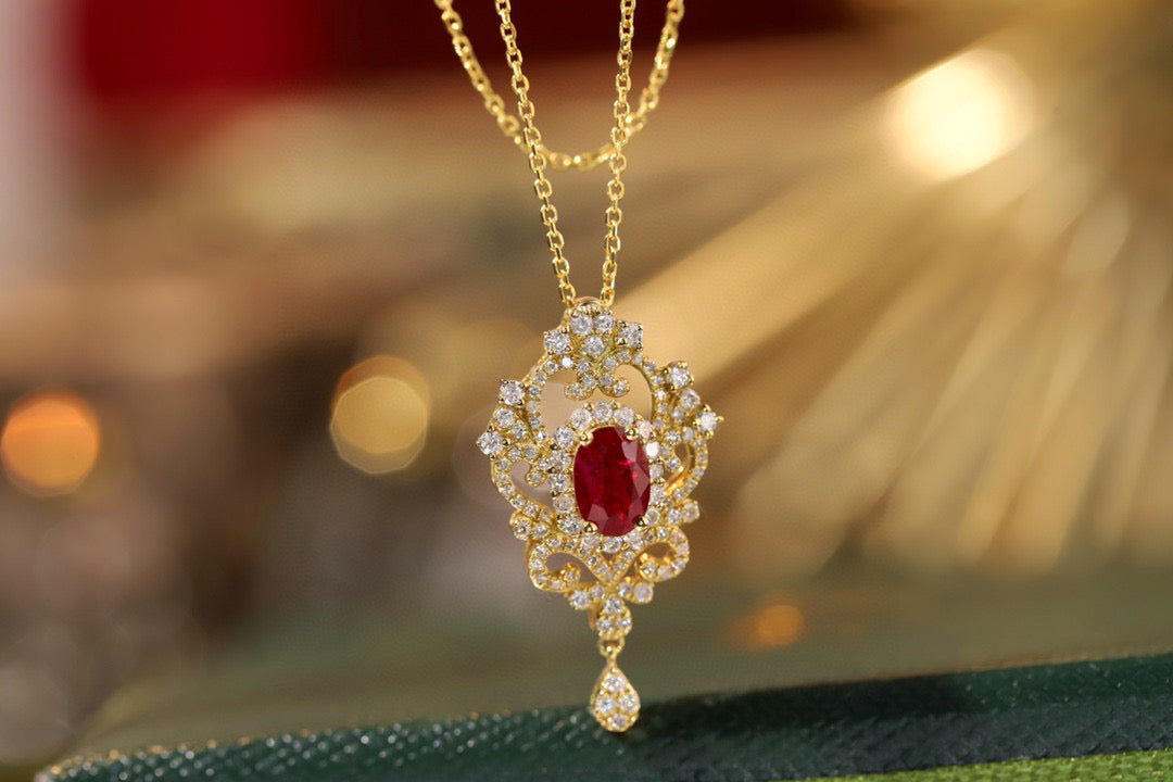 Art Deco Ruby Diamond Necklace, 18K Solid Gold Ruby Diamond Pendant Necklace