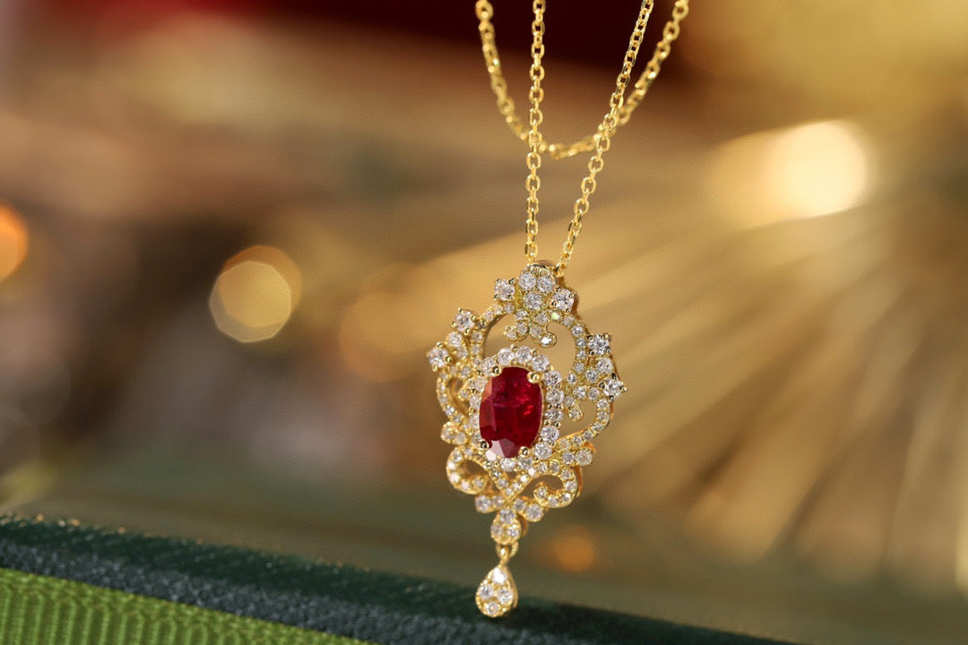 Art Deco Ruby Diamond Necklace, 18K Solid Gold Ruby Diamond Pendant Necklace