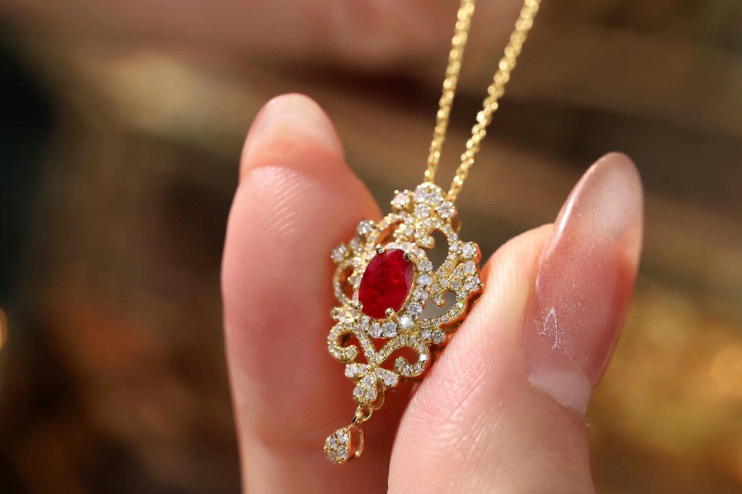 Art Deco Ruby Diamond Necklace, 18K Solid Gold Ruby Diamond Pendant Necklace