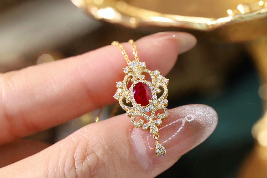 Art Deco Ruby Diamond Necklace, 18K Solid Gold Ruby Diamond Pendant Necklace