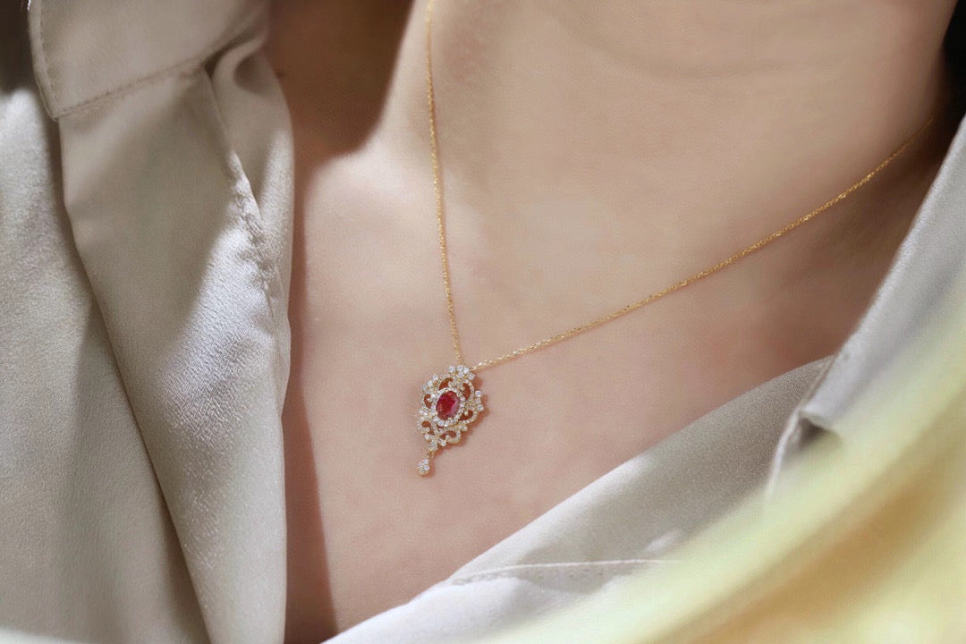 Art Deco Ruby Diamond Necklace, 18K Solid Gold Ruby Diamond Pendant Necklace