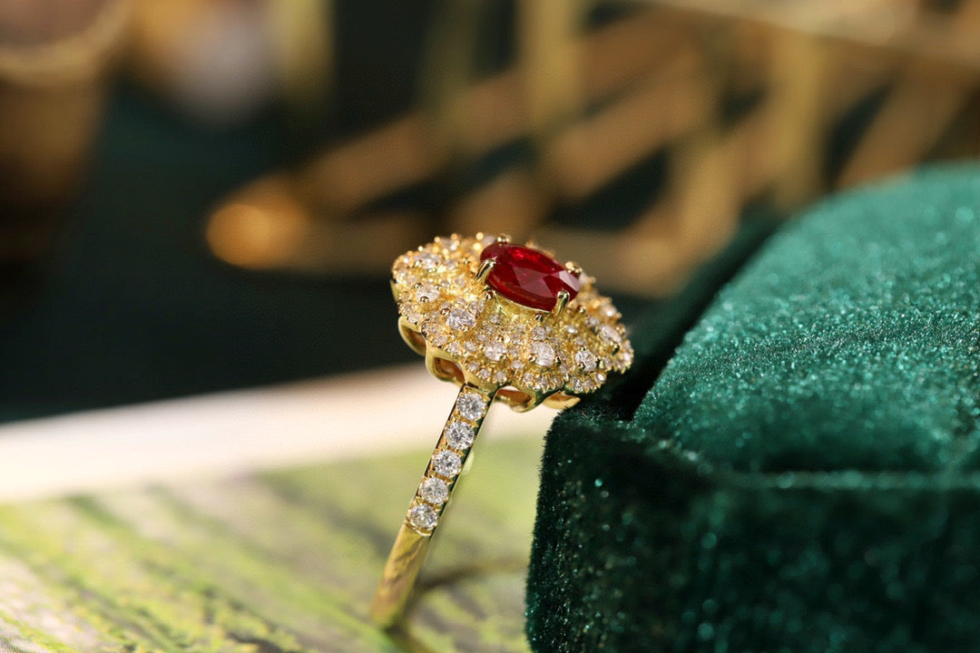 Fancy Ruby Diamond Flower Ring, 18K Solid Gold Ruby Diamond Ring