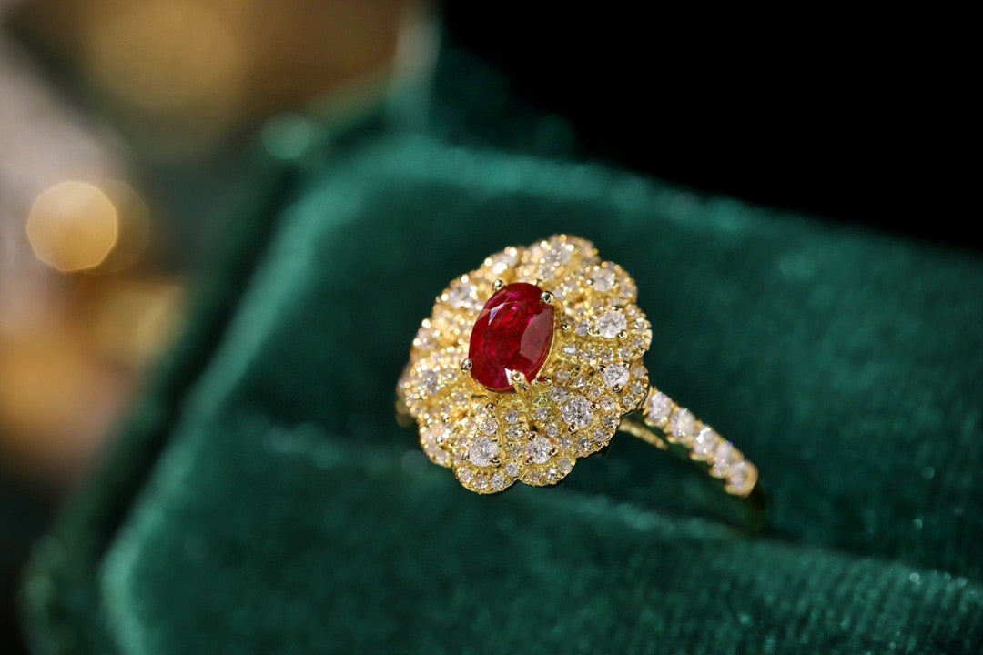 Fancy Ruby Diamond Flower Ring, 18K Solid Gold Ruby Diamond Ring