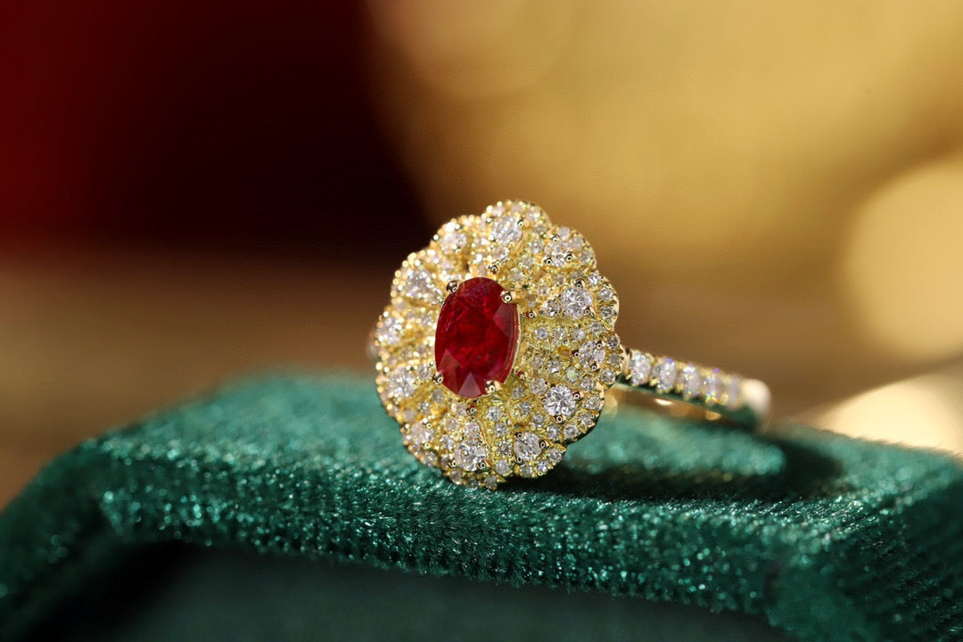 Fancy Ruby Diamond Flower Ring, 18K Solid Gold Ruby Diamond Ring